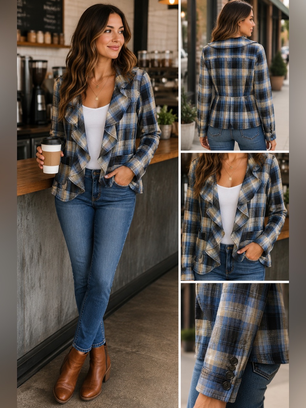 Free People Liberty Plaid Ruffle Front Button Blazer Size 6 Boho Cottagecore